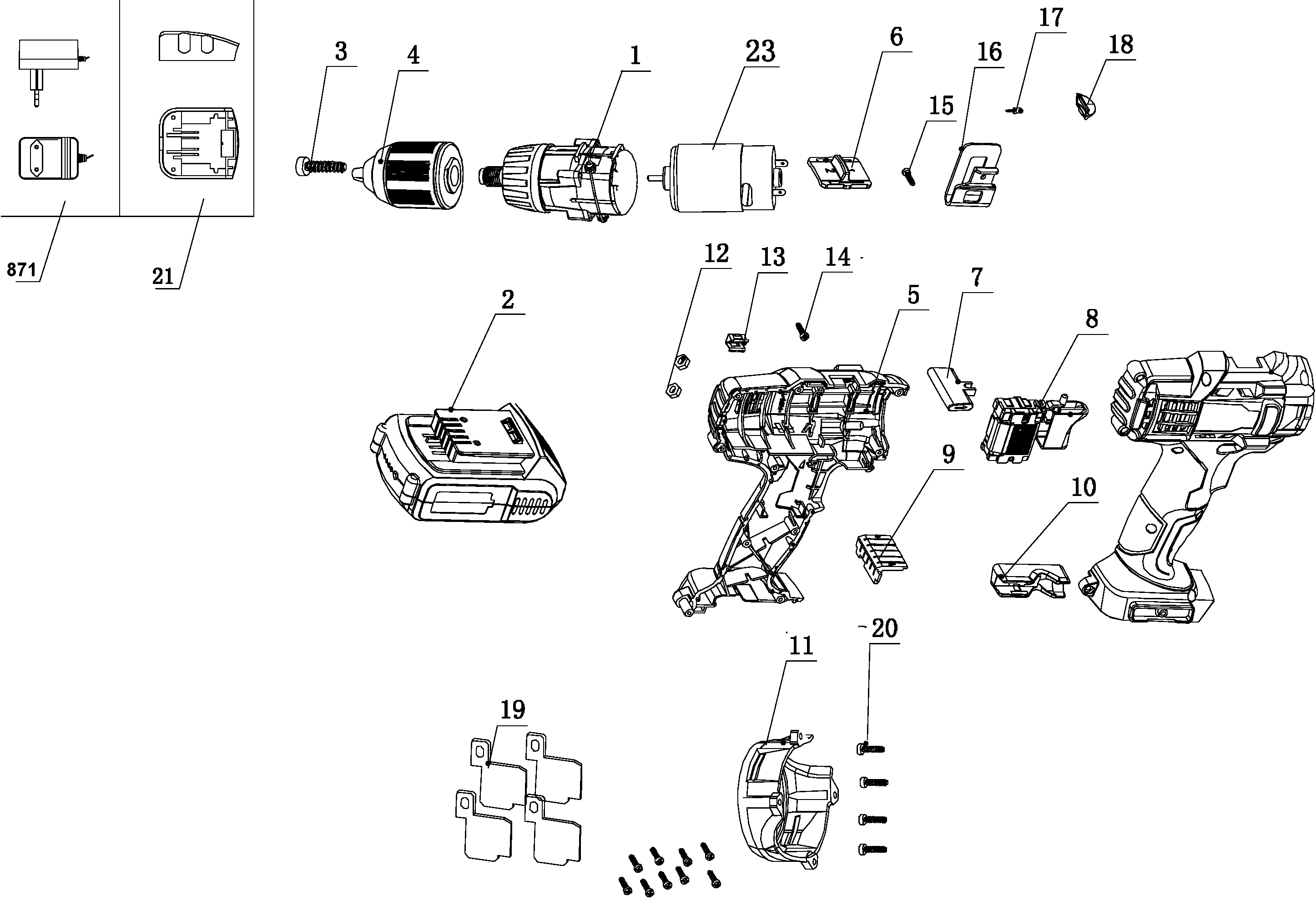 Default Diagram and Parts List for HP14-AR Type 1 Black and Decker Hammer Drill